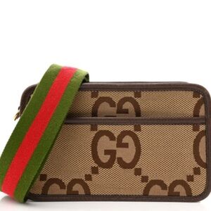 GUCCI  Monogram Jumbo GG Textured Dollar Calfskin Web Mini Crossbody Bag Camel